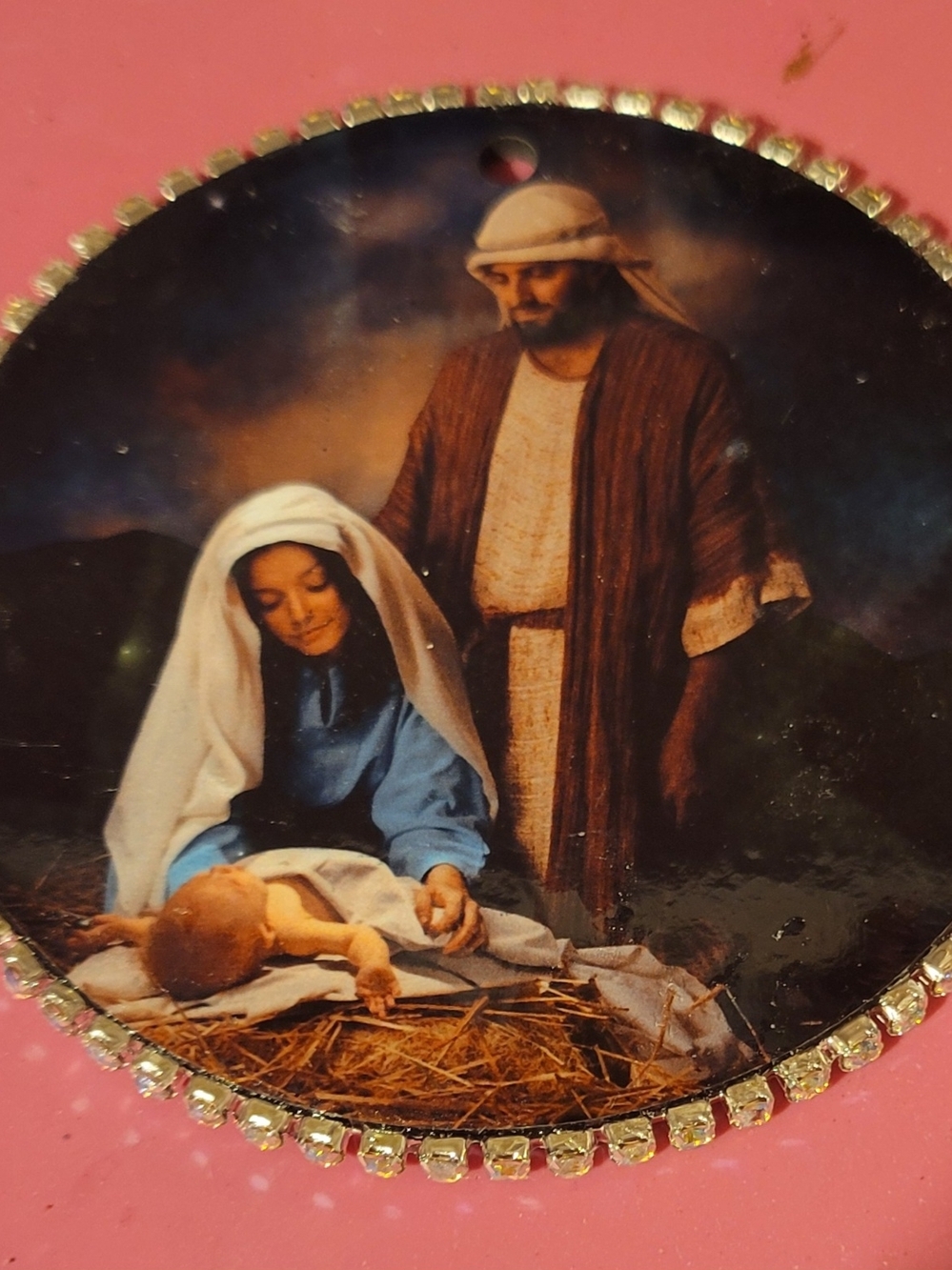 Nativity Scene Round Holiday Ornament Lined In Rhinestines